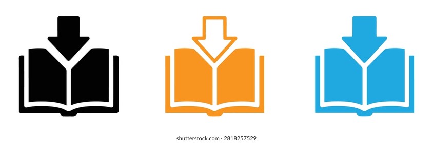  book Download Outline Icon. Download icon on open book. Digital e book free download icon with open book and arrow.  