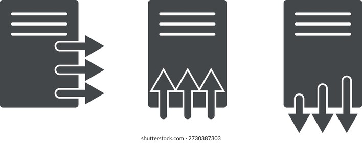 Descargas y Cargar de libros, documentos valiosos, hojas de papel, bienes y finanzas, informes contables, iconos web de Vectores, texto impreso en papel A4. Contratos y solicitudes.