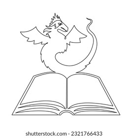 Book with dragon one line art,continuous contour drawing,hand-drawn mythical chinese animal outline,horoscope zodiac sign,fairy tale creature ancient dinosaur.Education studying concept.Editable