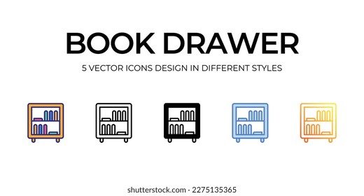 book drawer Icon Design in Five style with Editable Stroke. Line, Solid, Flat Line, Duo Tone Color, and Color Gradient Line. Suitable for Web Page, Mobile App, UI, UX and GUI design.