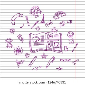 Book with drawing charts and graphs business strategy plan on copybook background. Stickers and note papers collection. Different scraps of paper stuck by sticky tape. Hand drawn Vector illustration