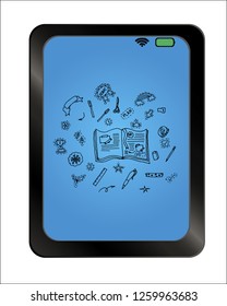 Book with drawing charts and graphs business strategy plan on background plate. Stickers and note papers collection. Different scraps of paper stuck by sticky tape. Hand drawn Vector illustration