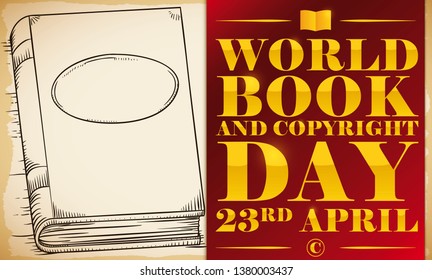 Book drawing in hand draw style over scroll with red greeting ribbon to commemorate World Book and Copyright Day this 23rd April.
