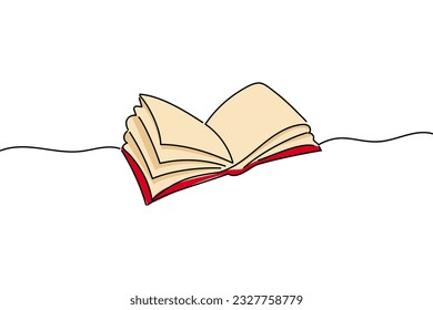 Libro dibujado con una sola línea, dibujo continuo de una línea abierto con páginas volantes. Cubierta de color rojo, sábanas beige. Ilustración vectorial para el diseño de carteles o libros de texto, adecuados para un