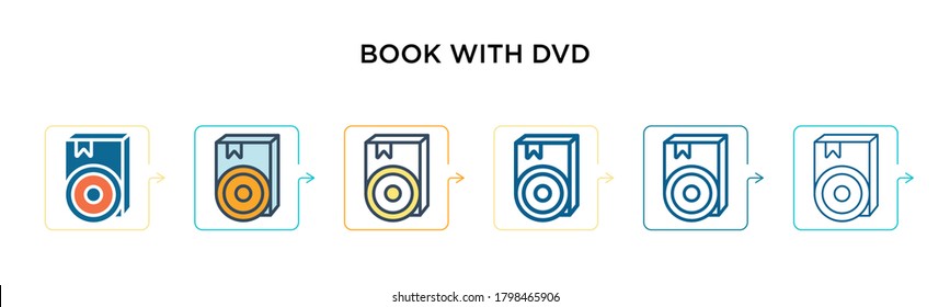 Book with dvd vector icon in 6 different modern styles. Black, two colored book with dvd icons designed in filled, outline, line and stroke style. Vector illustration can be used for web, mobile, ui