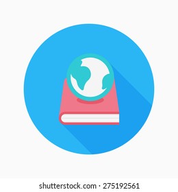 Book and earth flat icon with long shadow on blue circle background , educational concepts , vector illustration
