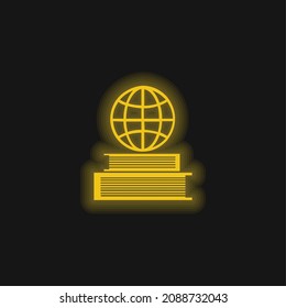 Book And Earth Grid On Top yellow glowing neon icon