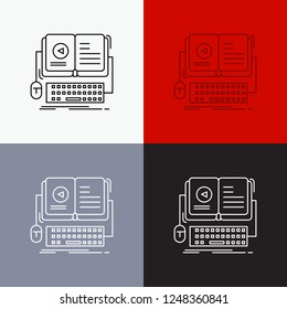 book, ebook, interactive, mobile, video Icon Over Various Background. Line style design, designed for web and app. Eps 10 vector illustration