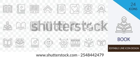 Book editable thin line icon set. containing memoir, journal, diary, bookshelf,   e-book,  notebook, reader, library, novel, story and more stroke design