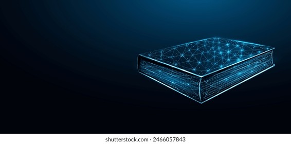 Book. Education concept with glowing low poly book on dark blue background. Wireframe low poly design. Abstract futuristic vector illustration