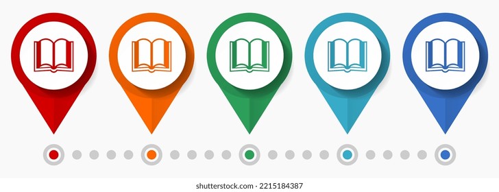 Libro, concepto educativo conjunto de iconos vectoriales, punteros de diseño plano, plantilla infográfica