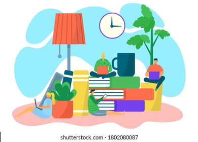 Buchunterricht, flaches Online-Studienkonzept, Vektorgrafik. Studentencharakter in der Bibliothek, digitales Universitätsdesign. Internetschule mit E-Book-Shop Cartoon Hintergrund, Kurs für Frauen Menschen.