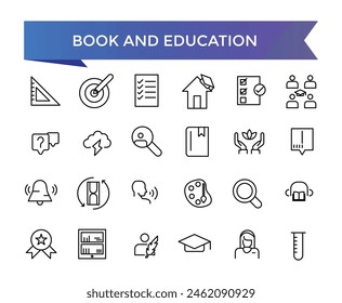 Book and Education icon collection. Related to library, read, author, journal, reading, bookshelf, magazine, e-book and more. Vector Line icons set.