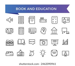 Book and Education icon collection. Related to library, read, author, journal, reading, bookshelf, magazine, e-book and more. Vector Line icons set.