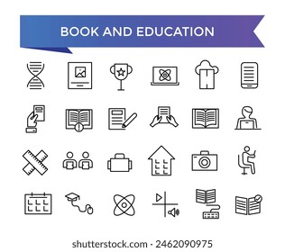 Book and Education icon collection. Related to library, read, author, journal, reading, bookshelf, magazine, e-book and more. Vector Line icons set.