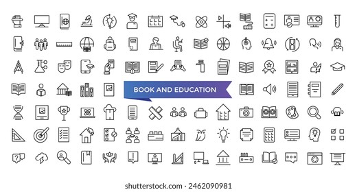 Book and Education icon collection. Related to library, read, author, journal, reading, bookshelf, magazine, e-book and more. Vector Line icons set.