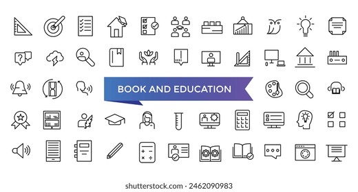 Book and Education icon collection. Related to library, read, author, journal, reading, bookshelf, magazine, e-book and more. Vector Line icons set.