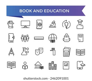 Book and Education icon collection. Related to library, read, author, journal, reading, bookshelf, magazine, e-book and more. Vector Line icons set.