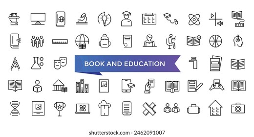 Book and Education icon collection. Related to library, read, author, journal, reading, bookshelf, magazine, e-book and more. Vector Line icons set.