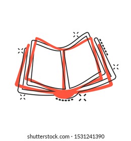 Book education icon in comic style. Literature magazine vector cartoon illustration pictogram. Book paper business concept splash effect.
