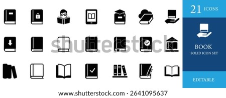 Book and education icon set featuring textbooks, ebooks, reading, study tools, school resources, and learning materials. Perfect for digital learning platforms.
