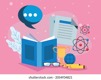 book and education icons on pink background