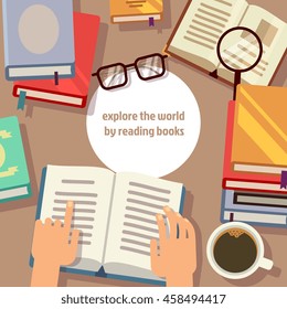 Book for education and illustration work place with books and coffee