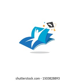 book for education logo vector icon ilustration, book with successful people graduation hats 