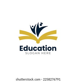 Logo de la educación del libro, lápiz, sol, gente, plantilla de vectores de sombrero de graduación.