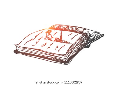 Book, education, person, reading concept. Hand drawn lies on giant book and reading concept sketch. Isolated vector illustration.