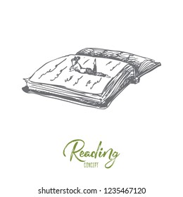 Book, education, person, reading concept. Hand drawn lies on giant book and reading concept sketch. Isolated vector illustration.