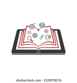 A book with education or science signs on tablet screen. Online education, online library.
