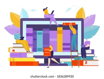 Libro para la educación en la biblioteca de pantalla, ilustración vectorial. Estudiar el conocimiento en línea mediante la tecnología digital de internet. Personas con el concepto de literatura de libros electrónicos, estantería electrónica en móviles.