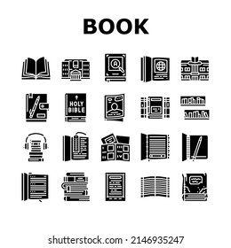 Book Educational Literature Read Icons Set Vector. Book Library Bookshelf And Bookmark Accessory, Notebook For Writing Task And Diary, E-book Device And Audiobook Glyph Pictograms Black Illustrations