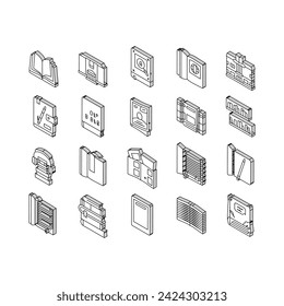 Book Educational Literature Read isometric icons set. Book Library Bookshelf And Bookmark Accessory, Notebook For Writing Task And Diary, E-book Device And Audiobook Color