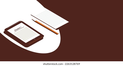 A book or electronic device for reading books on the table. Next to a sheet and a pencil. The concept of learning or reading.