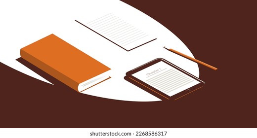 Book and electronic device for reading books on the table. Next to a sheet and a pencil. The concept of learning or reading.