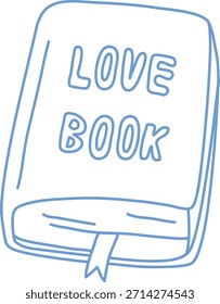 Livro com texto de amor em relevo e marcador desenhado em linha de arte limpa. Símbolo de romance, história, memória e presente; perfeito para o tema de leitura e marketing de cartões. Ilustração de vetor de desenhos animados.