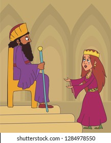 Book Of Esther , Queen Begging For Mercy For Jew People From King, Funny Cartoon Vector Illustration