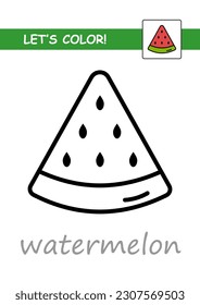 Сoloring book with example for toddlers, fruits and berries, watermelon, thick outline. Vector illustration isolated on white background