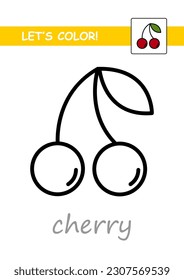 Сoloring book with example for toddlers, fruits and berries, cherry, thick outline. Vector illustration isolated on white background