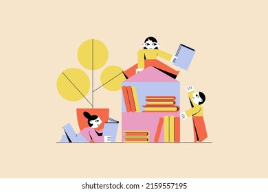 Book exchange, bookcrossing by young students, pupils illustration. Literary club concept between people. Vector flat isolated design of hut in public place. Readers exchange literature. Flat vector