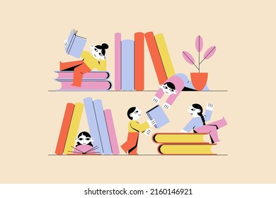 Book exchange, bookcrossing by young students illustration. Literary club concept between friends. Vector flat isolated design of bookstore shelf. Readers exchange literature. 