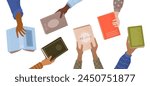 Book exchange or bookcrossing web banner. Education and knowledge concept, human hands holding various books on white background. Literature event, book club, World Book Day. Vector illustration.