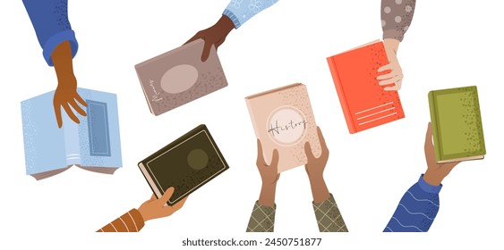 Intercambio de libros o Anuncio de Web de bookcrossing. Concepto de Educación y conocimiento, manos humanas sosteniendo varios libros sobre fondo blanco. Acto literario, club de lectura, Día Mundial del Libro. Ilustración vectorial.