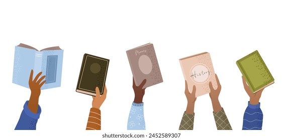 Intercambio de libros o Anuncio de Web de bookcrossing. Concepto de Educación y conocimiento, manos humanas sosteniendo varios libros sobre fondo blanco. Acto literario, club de lectura, Día Mundial del Libro. Ilustración vectorial.