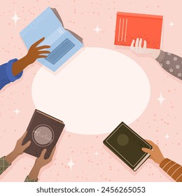 Book exchange or bookcrossing web banner. Education and knowledge concept, diverse human hands holding various books. Swap literature event, book club, World Book Day. Vector illustration.