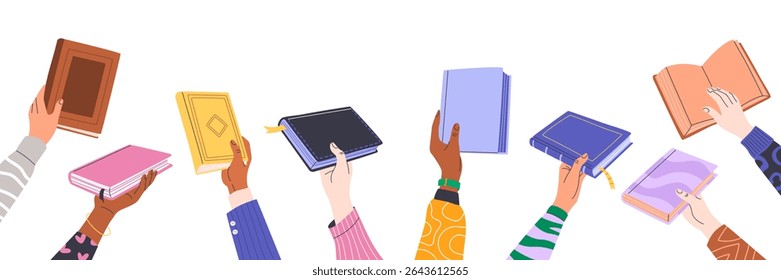 Book exchange or bookcrossing web banner. Human hands holding various books on white background. Literature event, book club, World Book Day, Back to School. Education and knowledge concept. Vector.