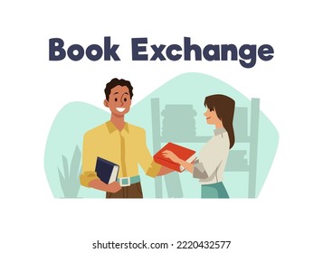 Book exchange and borrowing concept of public library or bookcrossing platform, flat vector illustration isolated on white background. Man and woman exchanging books.