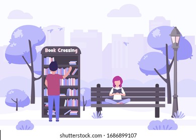 Book exchange in city park flat vector illustration. Young woman reading book on park bench, man chooses book in a street library.